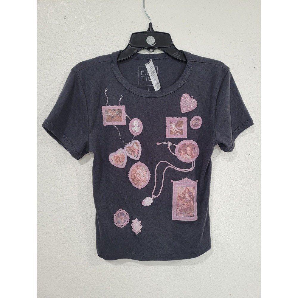 Full Tilt Womens Black Pink Dress Up Baby Tee Graphic Crop Top Locket #22